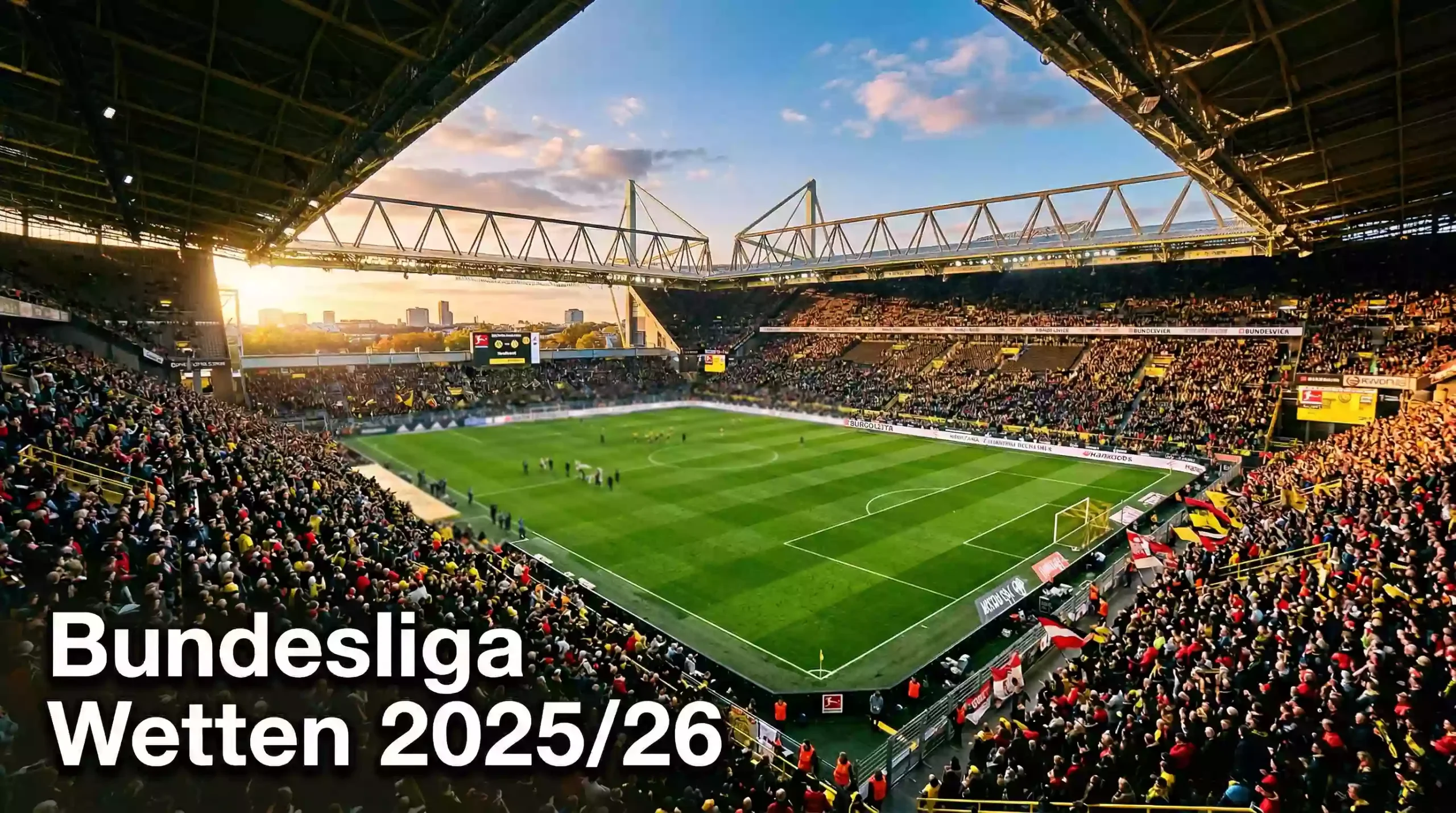 Bundesliga Wetten – Fußballstadion mit Rasen und Flutlicht bei Abendsonne