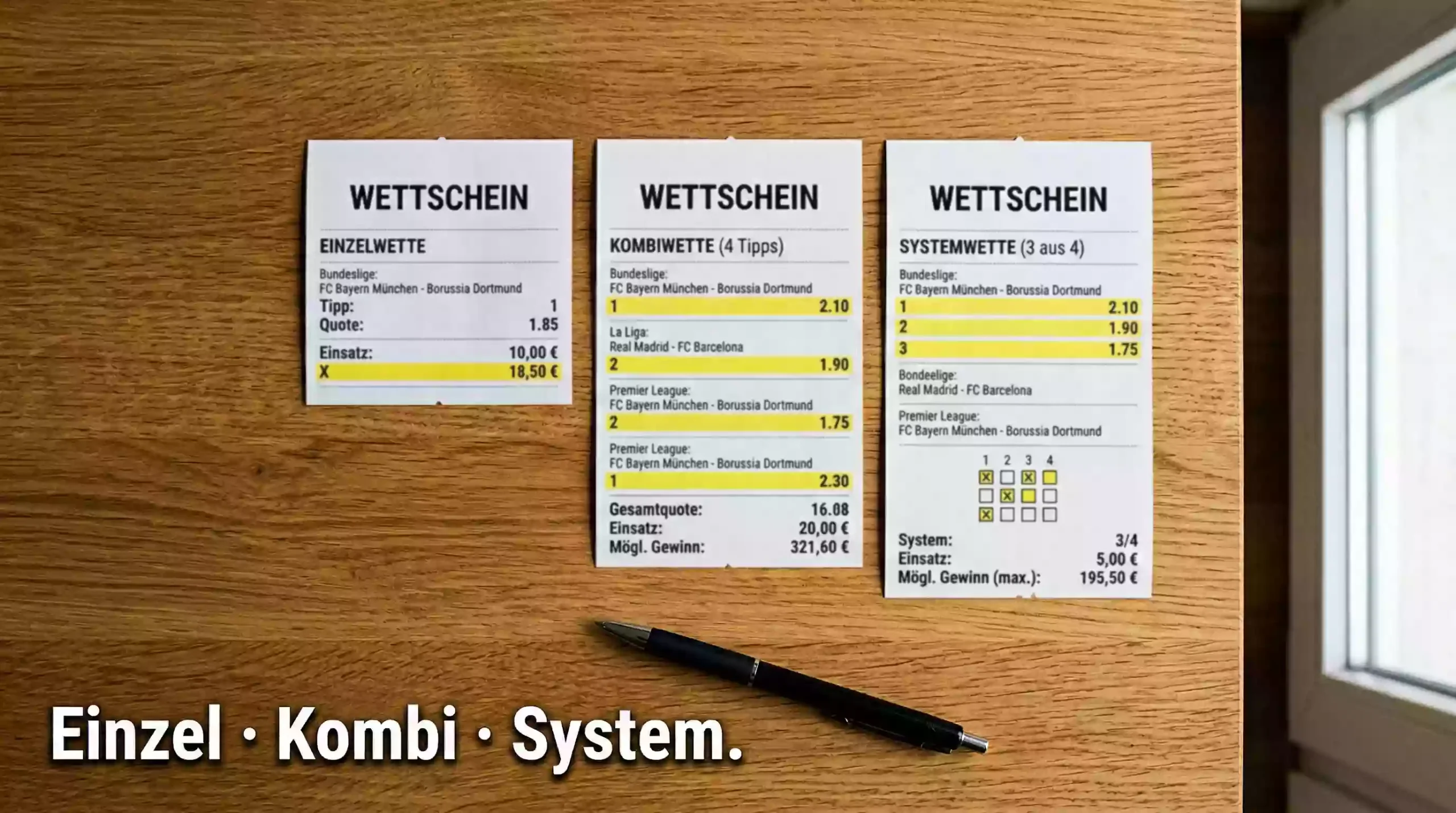 Wettformen-Vergleich – Drei Wettscheine nebeneinander auf einem Holztisch