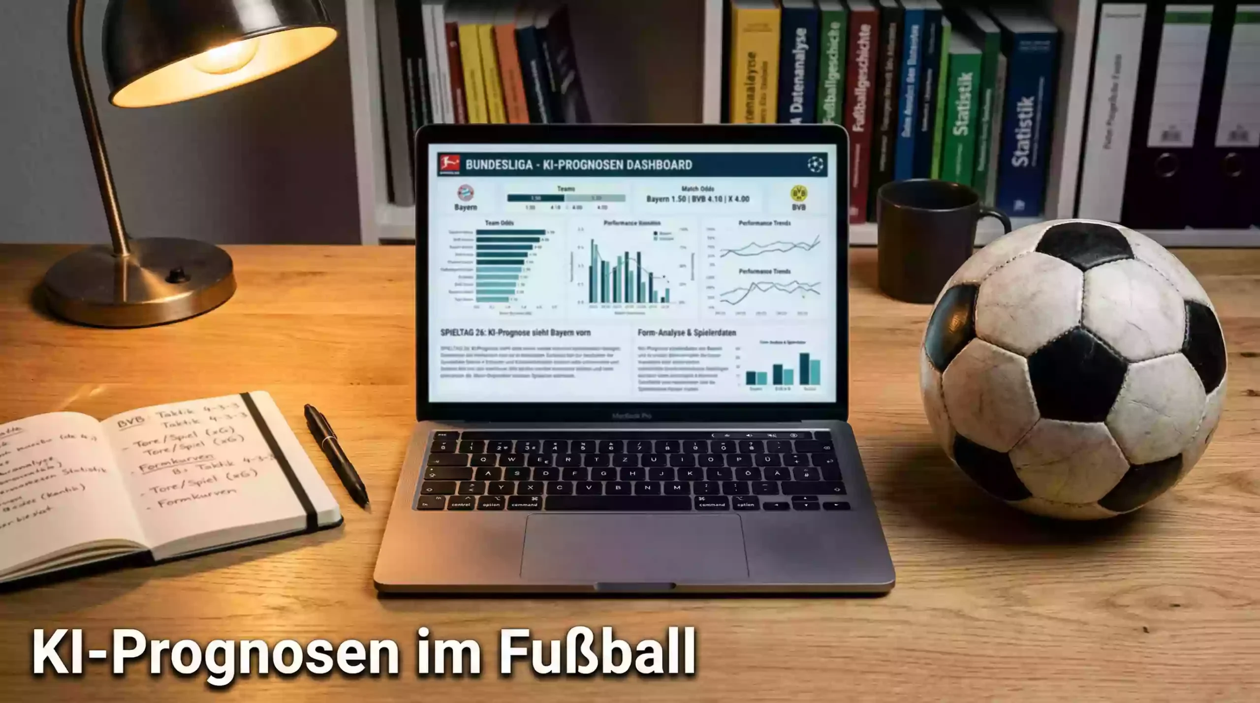 KI-Prognosen im Fußball – Laptop mit Datenanalyse neben einem Fußball auf dem Schreibtisch