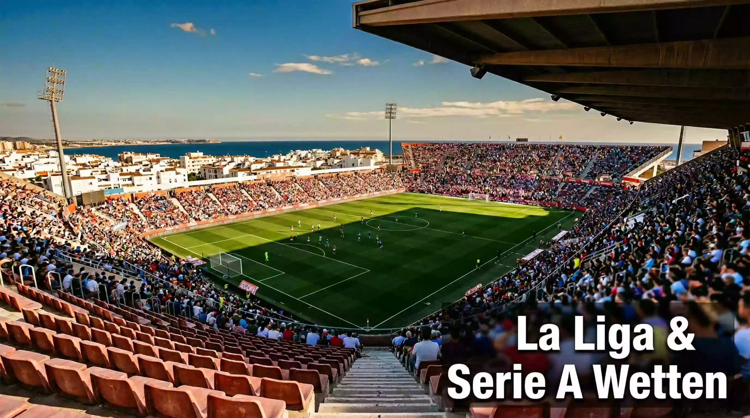 La Liga und Serie A – Fußballstadion im Sonnenlicht mit mediterraner Atmosphäre