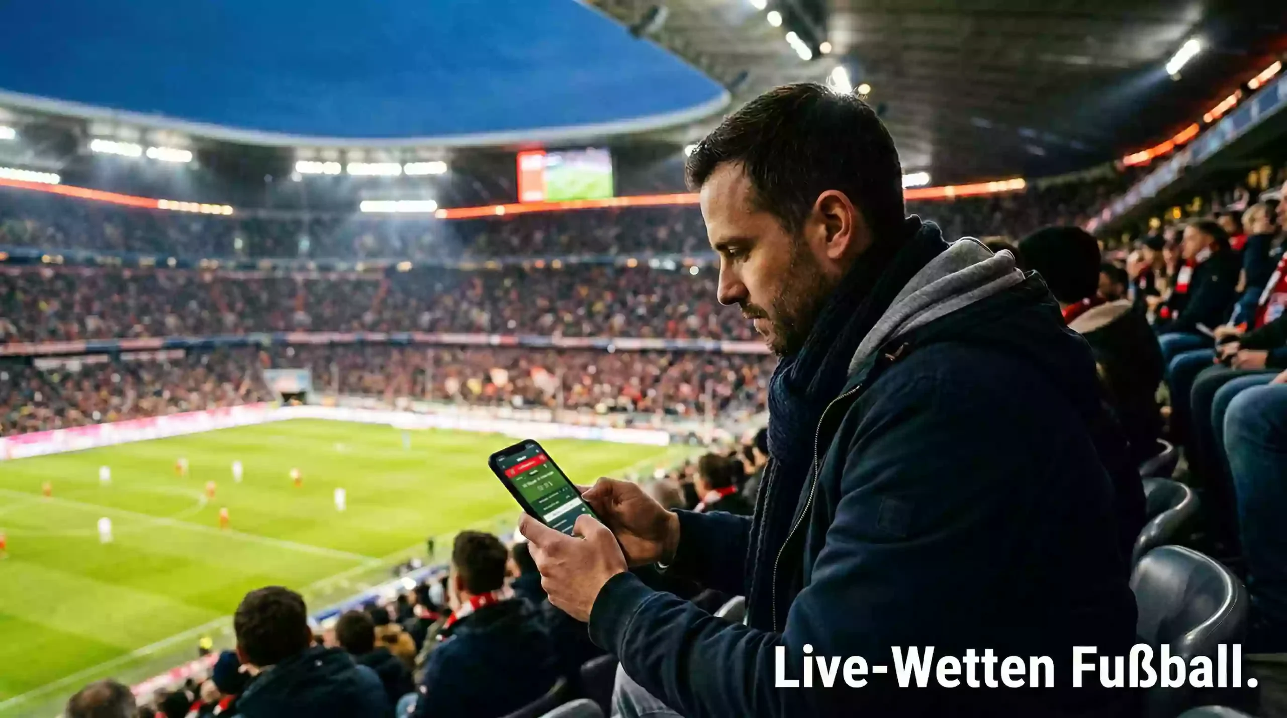 Live-Wetten Fußball – Fan schaut Spiel auf dem Smartphone im Stadion