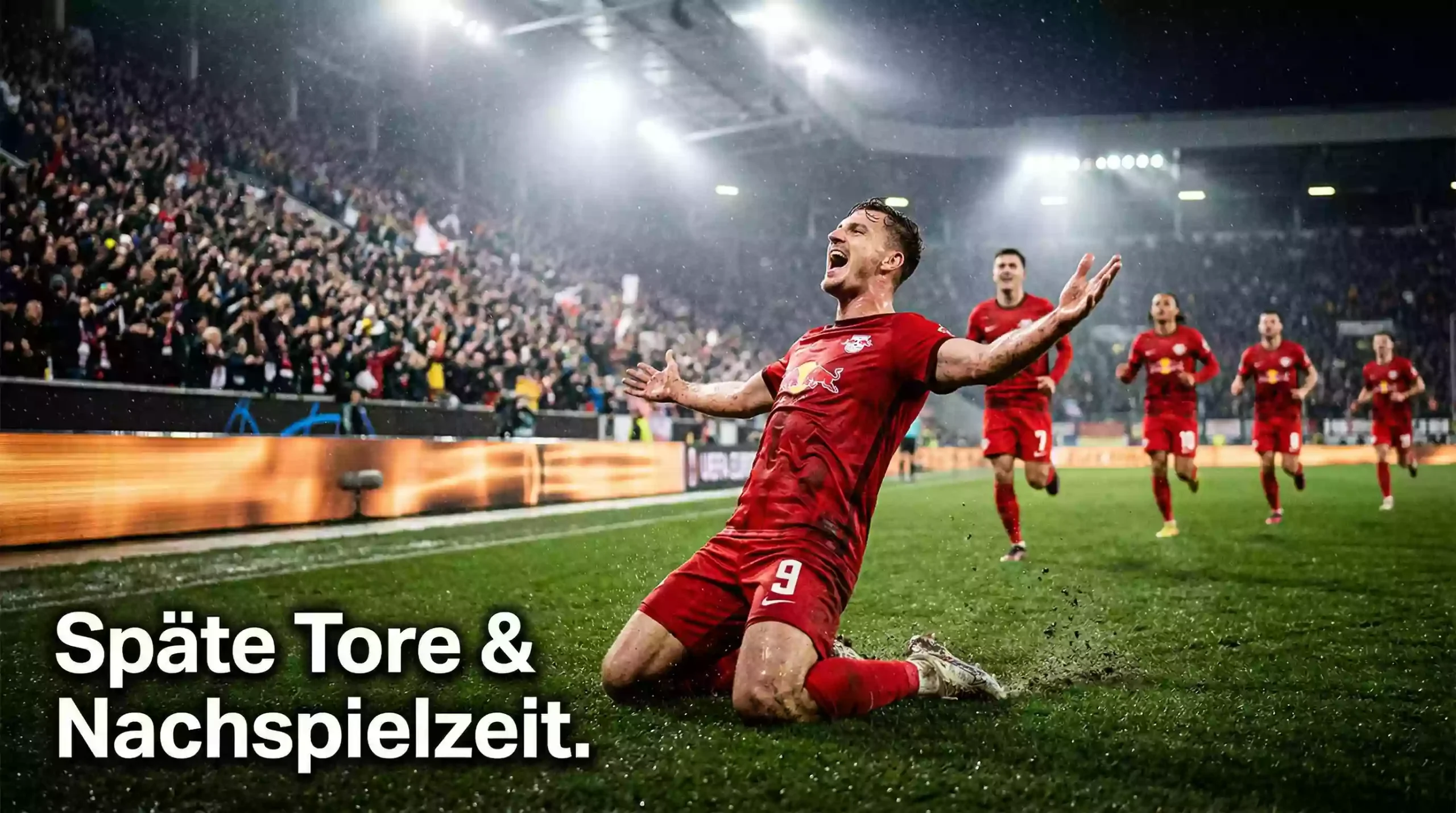 Späte Tore Fußball – Spieler jubelt nach Tor in der Nachspielzeit unter Flutlicht