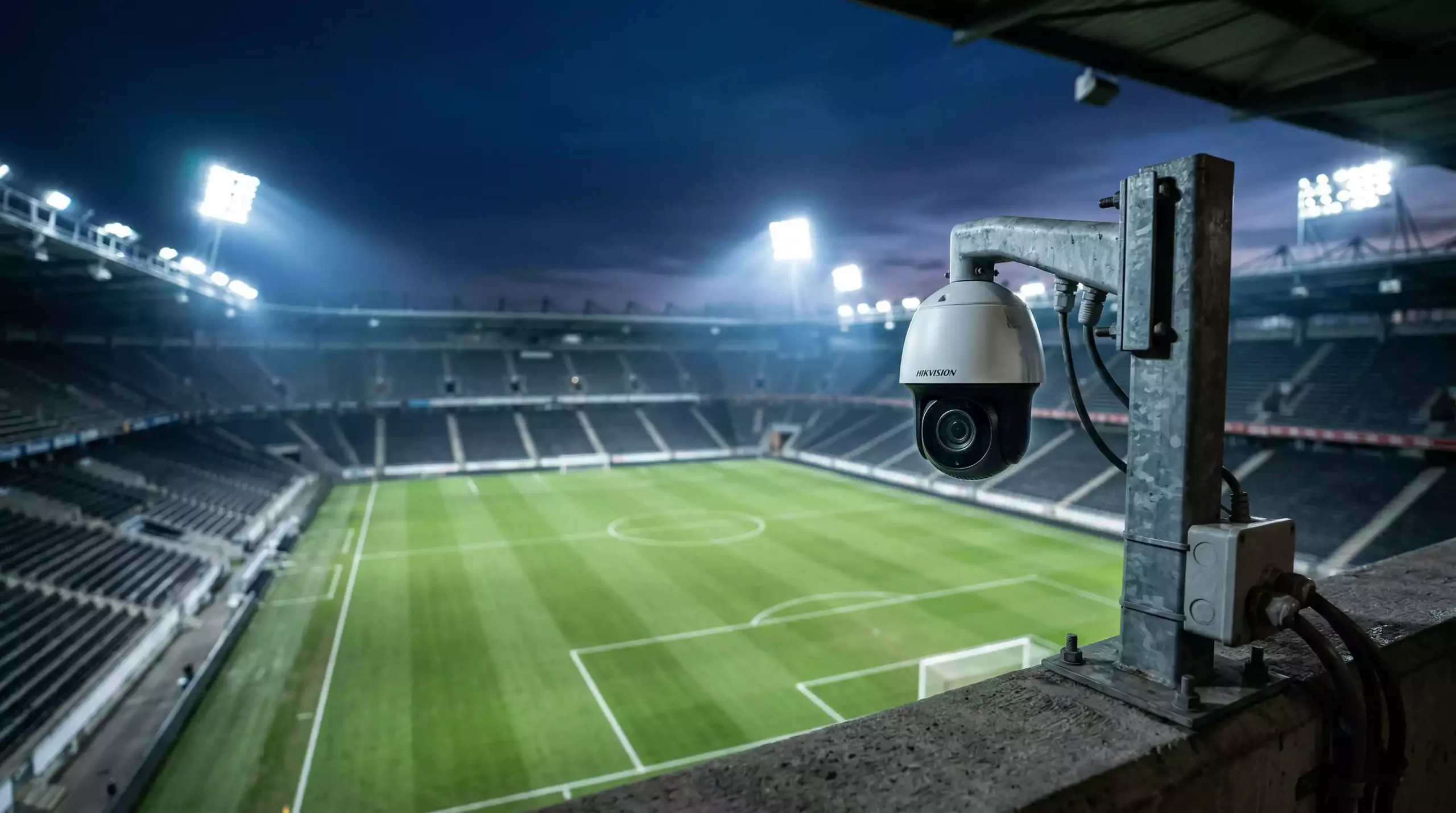 Spielmanipulation im Fußball – Überwachungskamera über einem leeren Fußballstadion bei Flutlicht