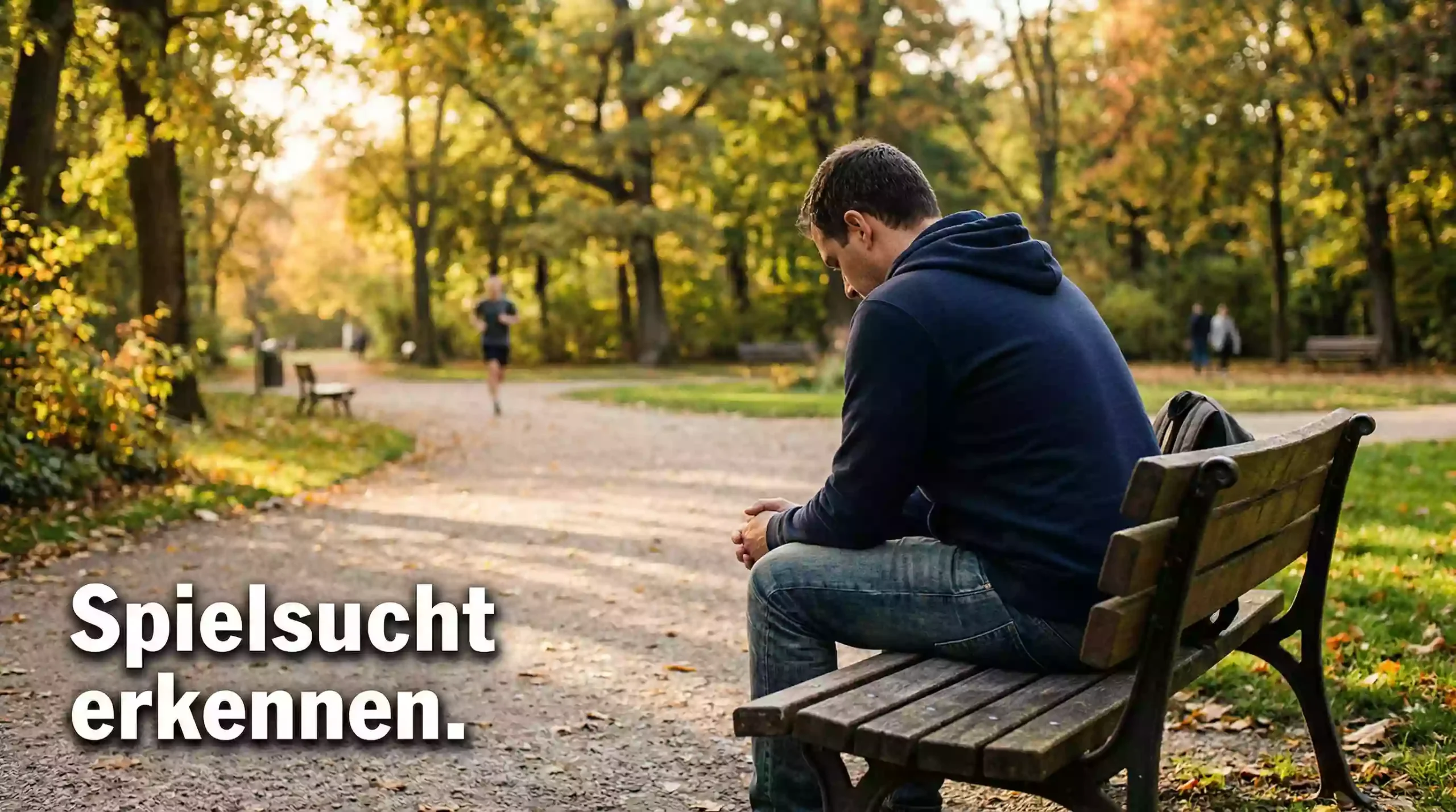 Spielsucht erkennen – Person sitzt nachdenklich auf einer Parkbank im Sonnenlicht