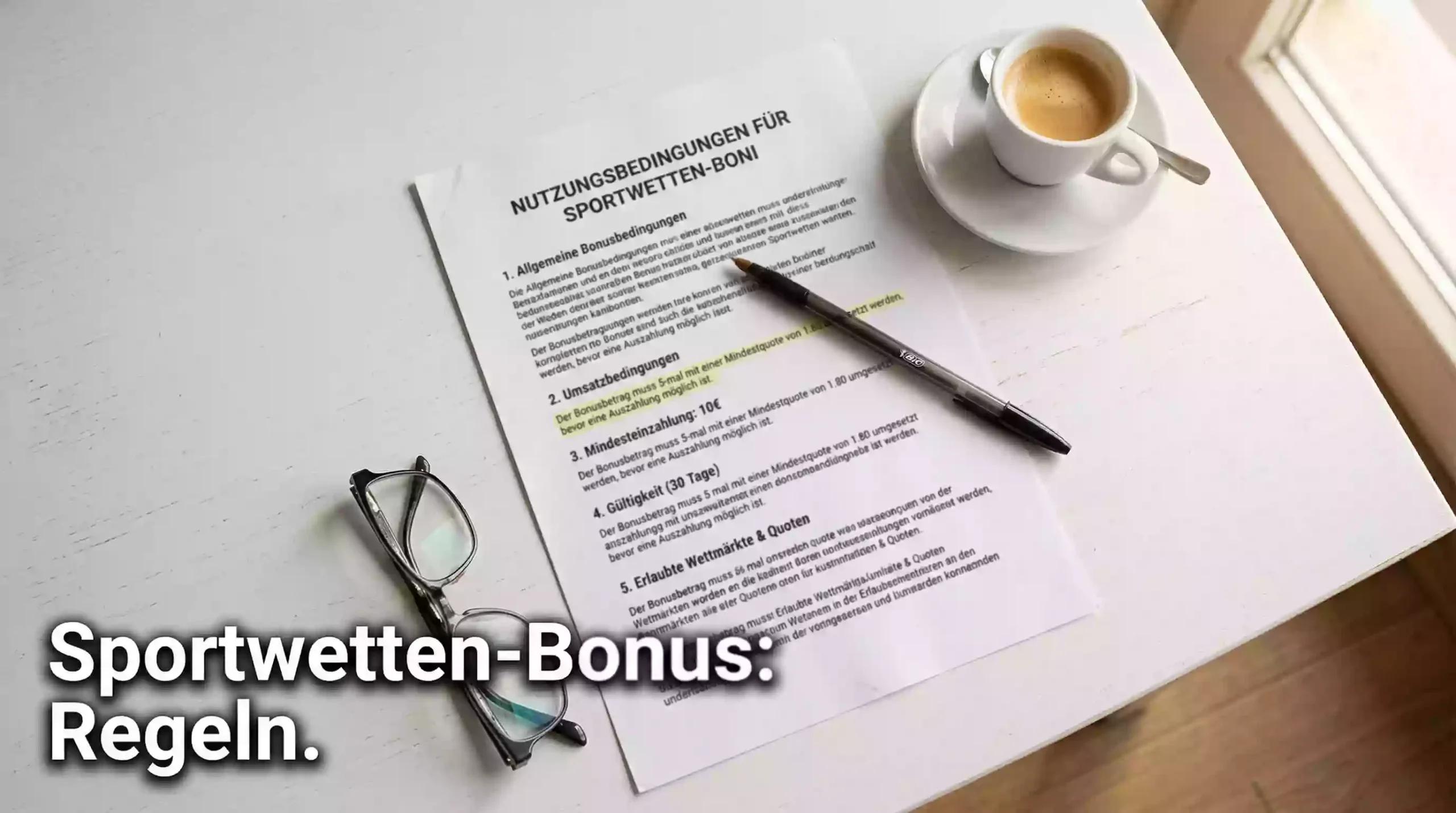 Sportwetten-Bonus – Dokument mit Bonusbedingungen und Stift auf einem Schreibtisch