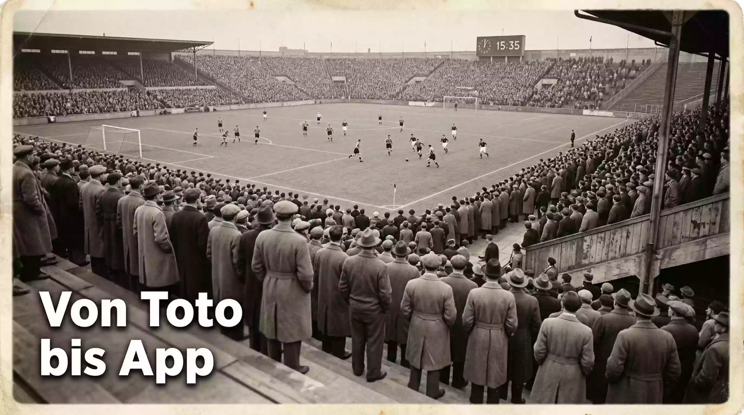 Geschichte der Sportwetten – Altes Fußballstadion in Schwarz-Weiß mit Zuschauern