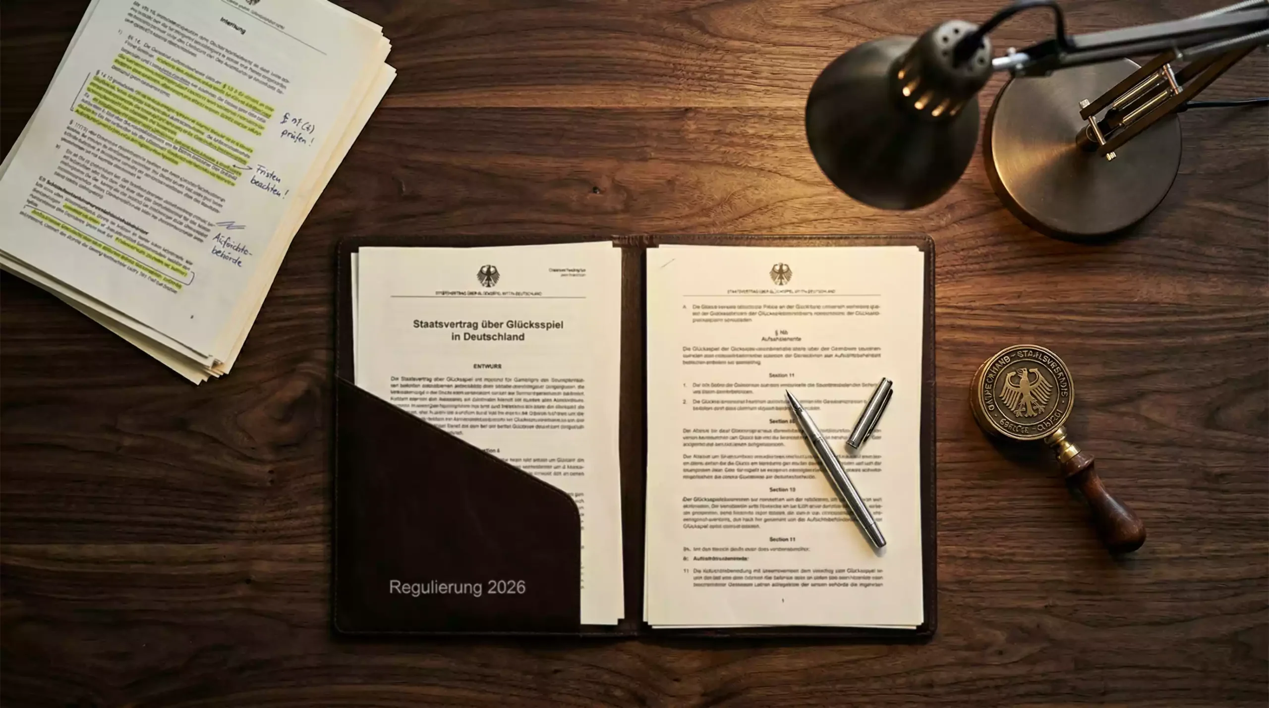 Sportwetten-Regulierung in Deutschland – Dokumente und Lizenzunterlagen auf einem Schreibtisch