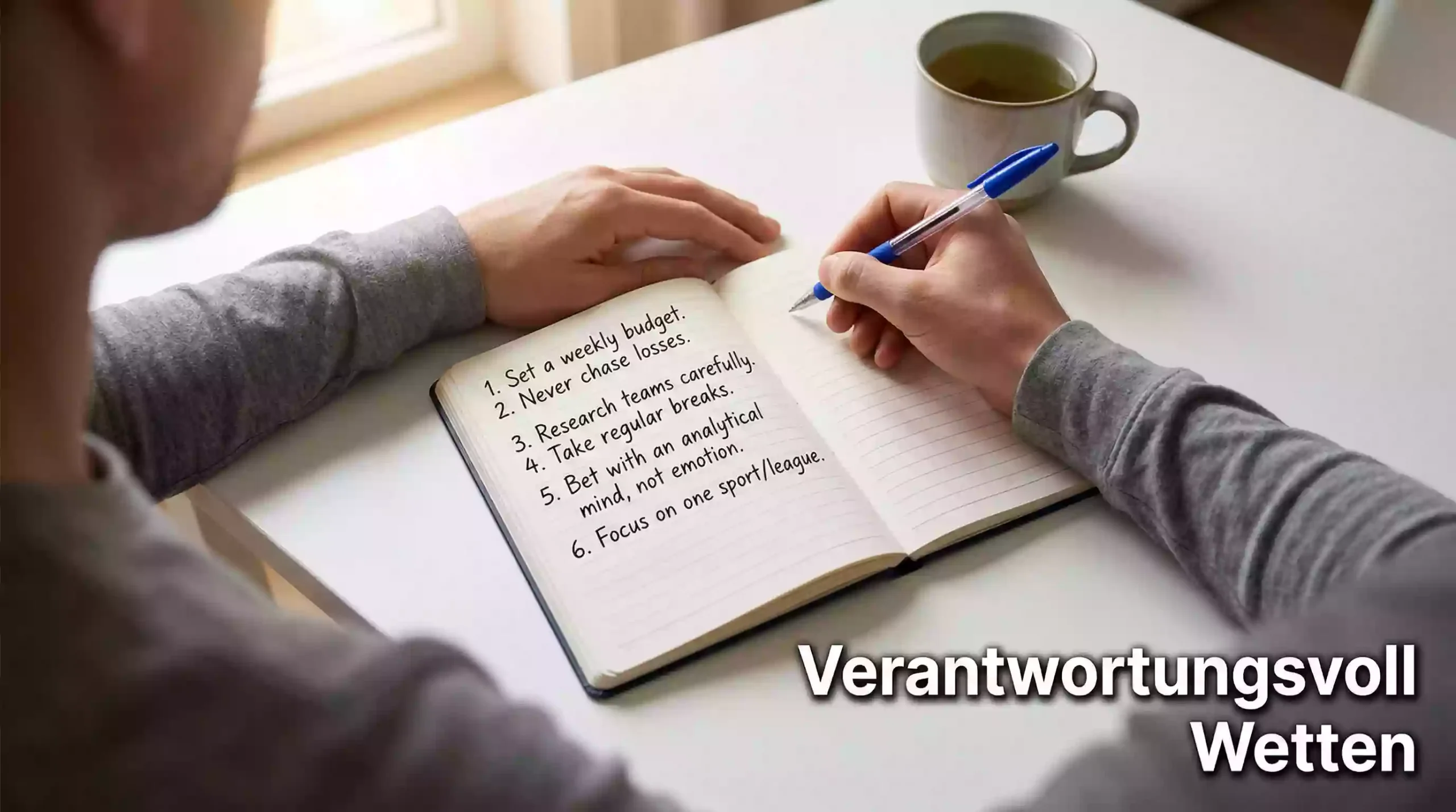 Verantwortungsvolles Wetten – Person schreibt Regeln in ein Notizbuch am Schreibtisch