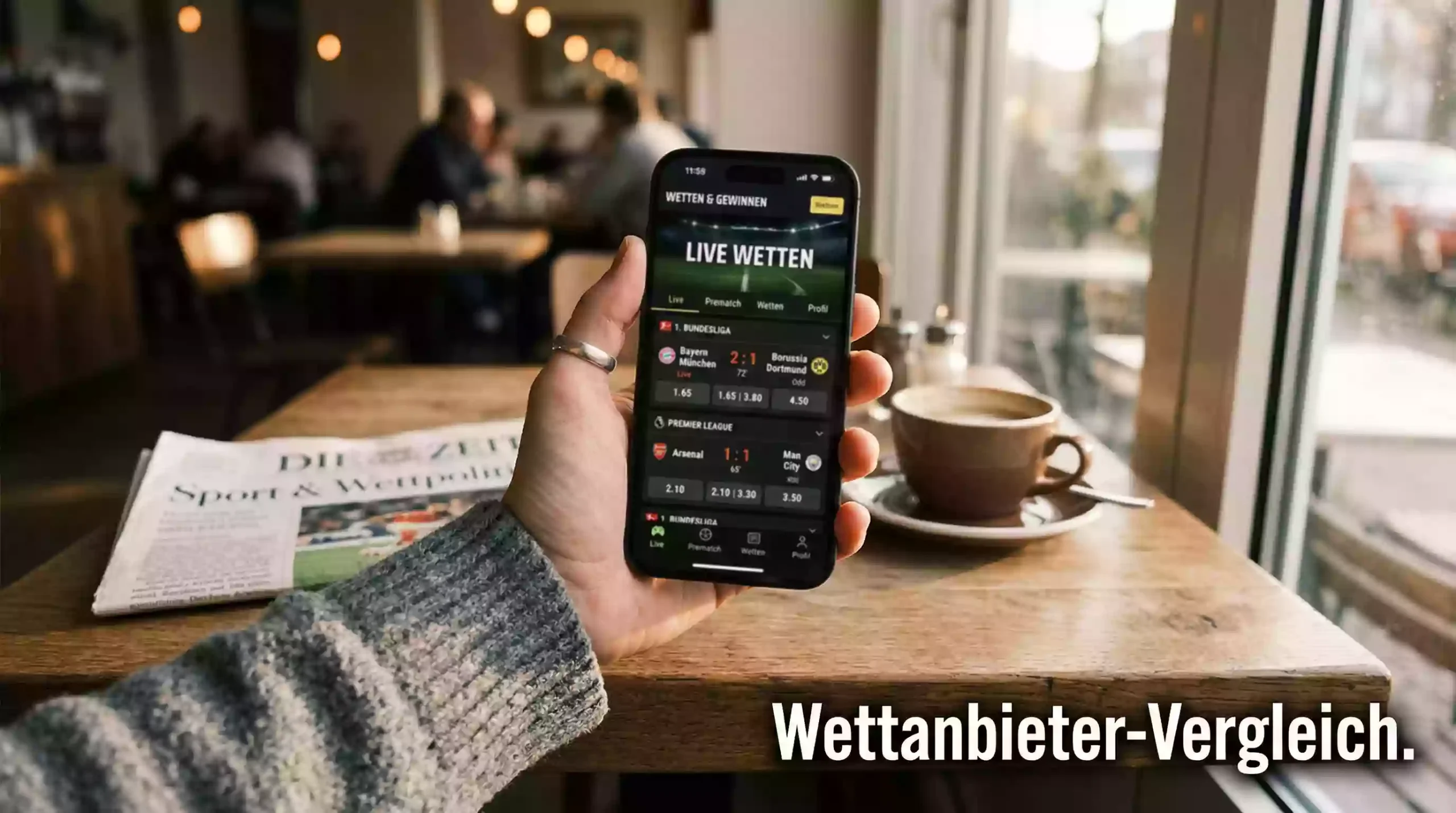 Wettanbieter-Vergleich – Person vergleicht Angebote auf dem Smartphone