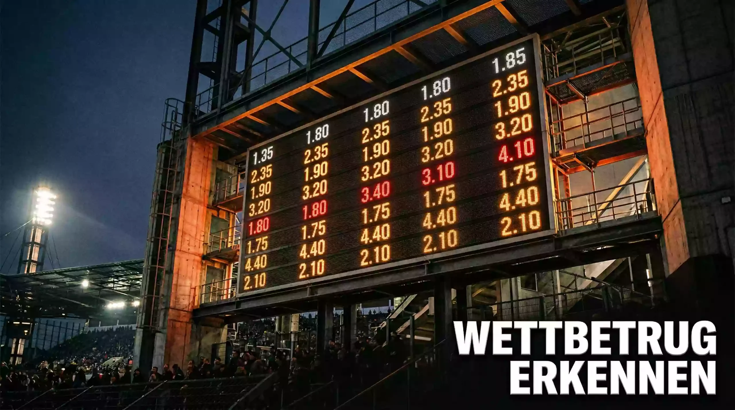 Wettbetrug erkennen – Nahaufnahme einer Anzeigetafel mit Quotenbewegungen im Stadion