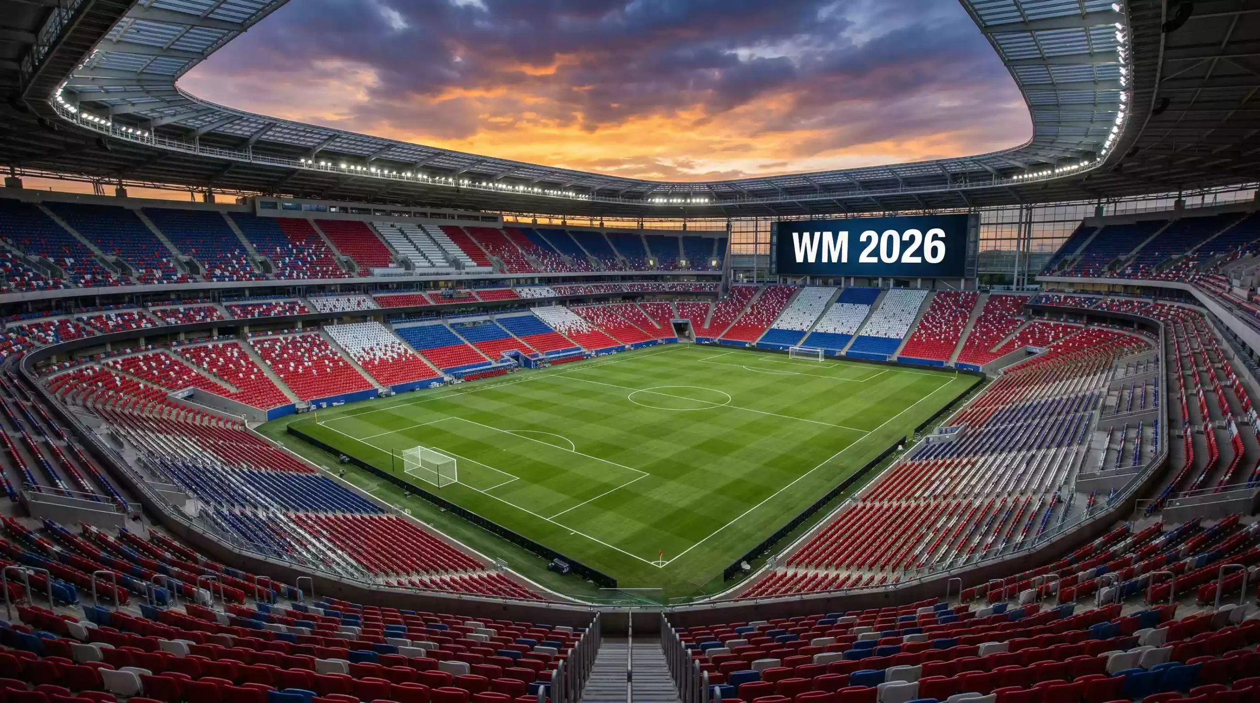 WM 2026 Wetten – Großes Fußballstadion in den USA mit Flutlicht vor Abendhimmel